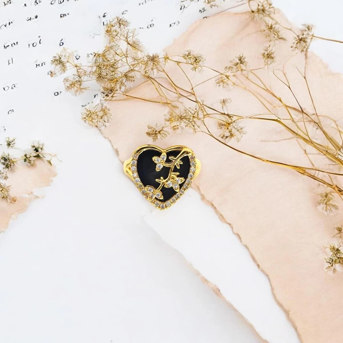 Elegant Heart-Shaped Gold-Plated Ring for Women – Free Size Adjustable Fashion Jewelry (Black, Green, Orange, Light Pink, Pink Accents)