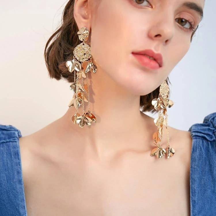 Elegant Multi-Layered Leaf Dangle Earrings for Women – Gold-Tone Statement Jewelry for Parties, Weddings & Everyday Glamour