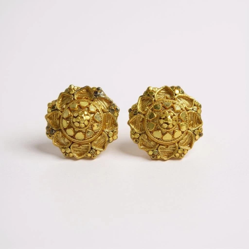 Ornate Heritage Floral Gold Stud Earrings for Women – Traditional Temple-Inspired Design with Intricate Petals and Texture Ideal for Weddings, Religious Functions, South Indian Looks and Gifting