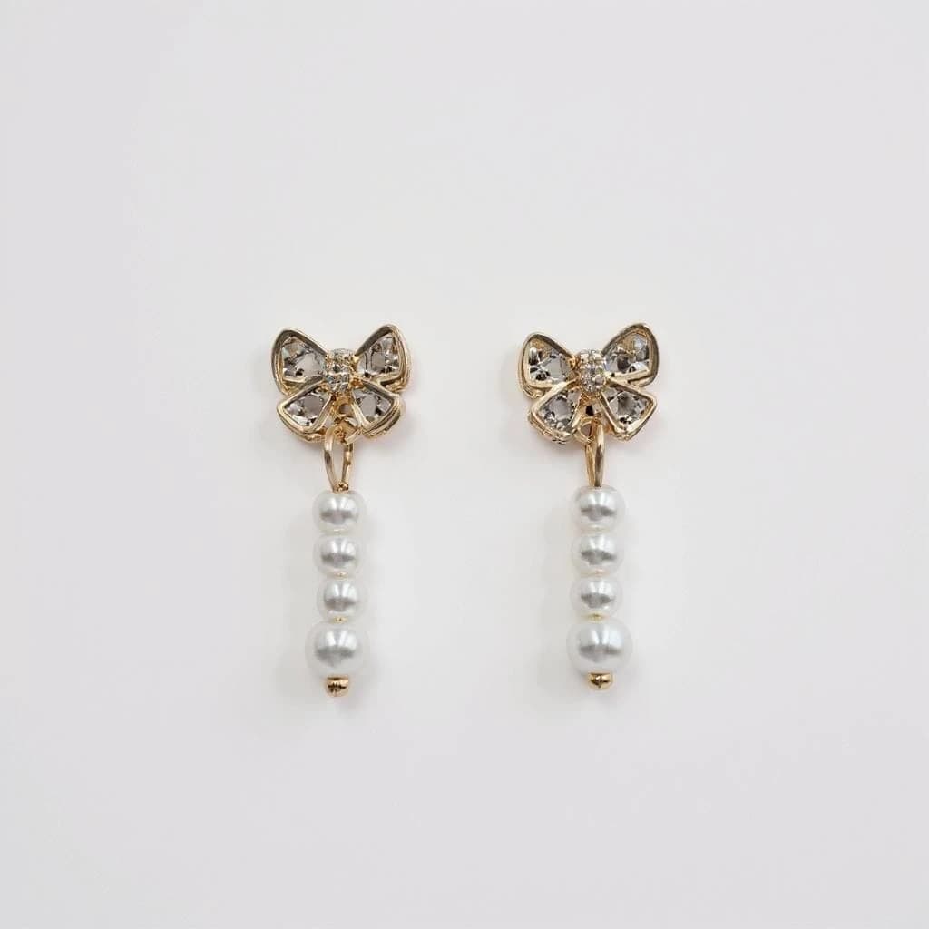 Elegant Bow and Pearl Drop Earrings for Women – Dainty Gold-Plated Crystal Studs with Hanging Pearls – Cute Butterfly Design Jewelry – Ideal for Gifting, Parties, and Daily Wear