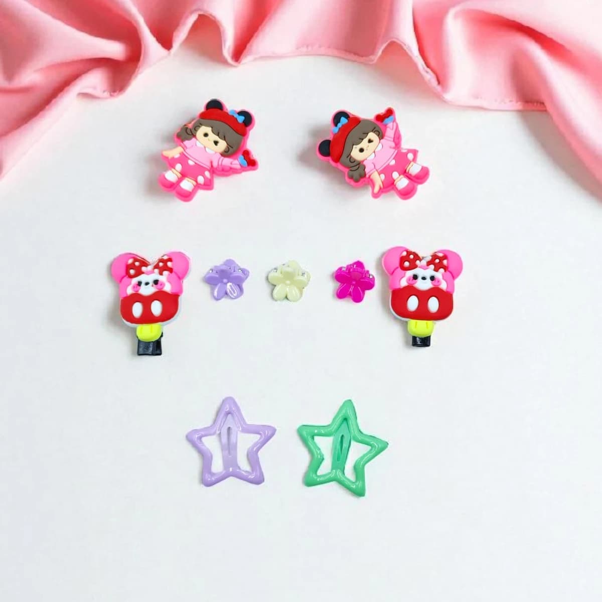 Colorful cartoon-themed hair clip set for kids featuring flowers, stars, and playful characters—perfect for school, parties, and everyday styling with lightweight, safe materials designed for all-day wear.