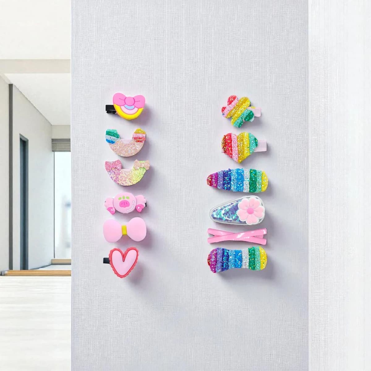 Colorful cartoon glitter rainbow and pastel heart-themed kids’ hair clips – 12 piece hair accessory set with cute designs, perfect for gifting, styling, and playful everyday fashion wear