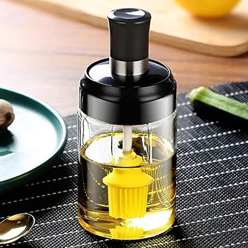 IZ LeZoir Borosilicate Glass and Stainless Steel Seasoning Oil/Honey Dispenser Bottle for Kitchen with Oil Brush (250ml, Transparent, Pack of 1)