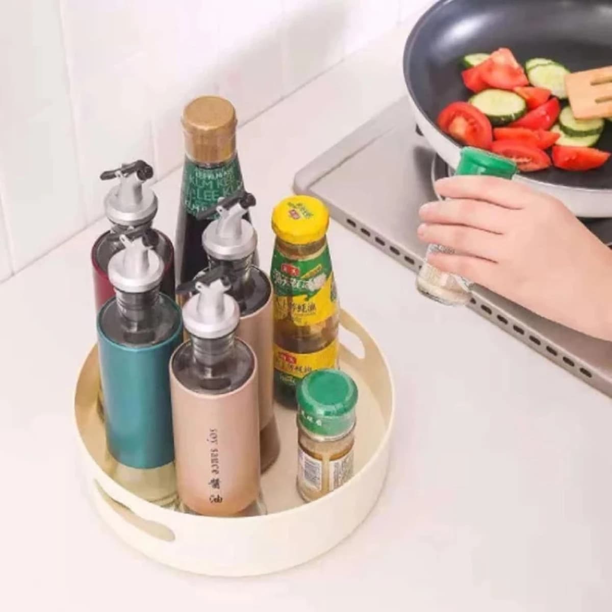 IZ LeZoir 1 Peice Multi-Function Rotating Tray, Kitchen Organizer, Cosmetics Organizer 360 Degree Rotary Fruit Tray, Lazy Susan Tray Non-Slip Cosmetic Rotating Storage Tray (Off White)